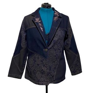 Denim & Co. Long Sleeves Dark Wash Denim Jacket with Gold Flowers Embroidery